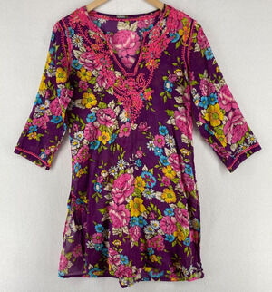 MATTA Top Womens S Peasant Floral Embroidered Tunic Split Neck 3/4 Sleeve Purple